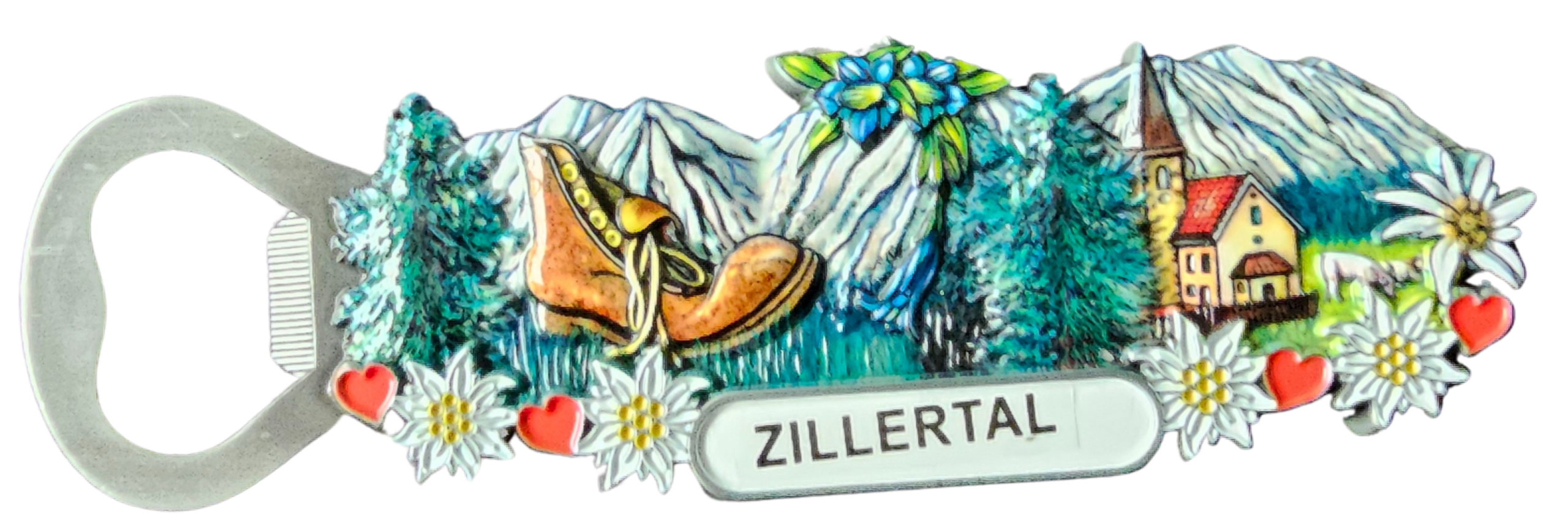 Magnetische 3D flesopener Schoen Kerk Edelweiss Zillertal